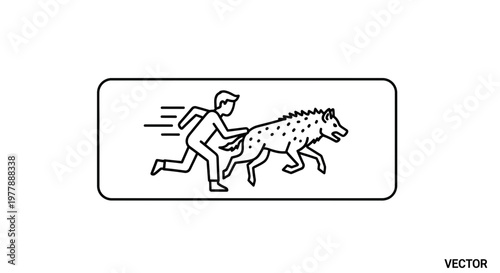 Man Running Away From Hyena, Danger, Fear, Chase, Animal Attack, Vector Illustration