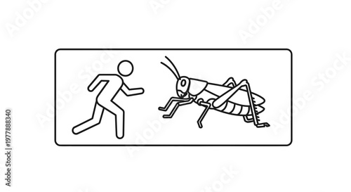 Man running away from giant grasshopper, insect phobia concept, fear of bugs