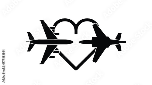 Minimalist black and white graphic of a commercial airliner and a fighter jet forming a heart, symbolizing love, connection, and passion for aviation