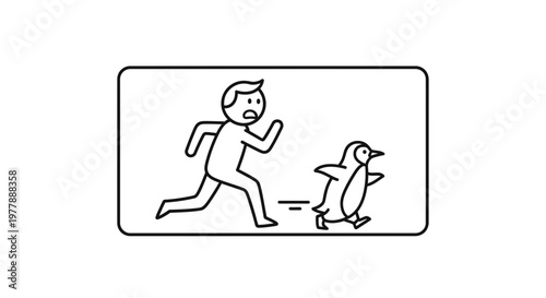 Man Running Away From Penguin, Funny Chase Scene, Cartoon Style