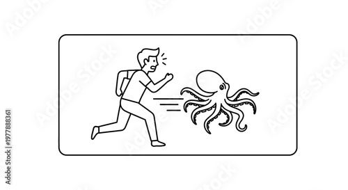 Man Running Away from Octopus, Fear of Sea Creatures, Danger, Panic, Escape
