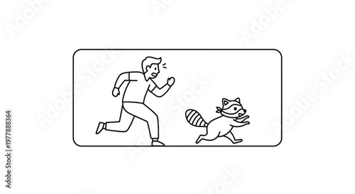 Man Running Away from Raccoon, Funny Chase Scene, Cartoon Style