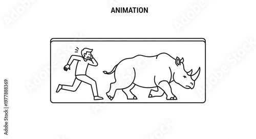 Man Running Away from Rhino in Animation Style