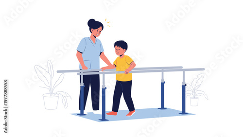 Female physical therapist helping young boy walk on parallel bars during rehabilitation session in bright clinic.