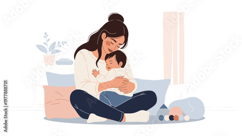 Caring mother sitting on floor and hugging her sleeping baby close to her in warm and comfortable home setting.