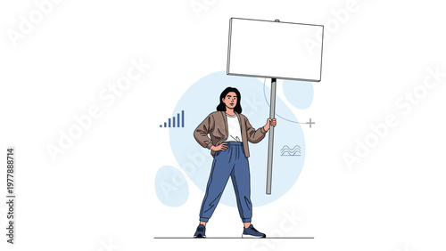 Confident woman standing and holding large blank white protest sign or placard for social activism and message.