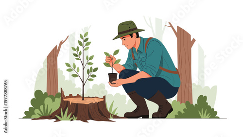 Man in hat planting young green sapling in forest near old tree stump for environmental conservation and growth.
