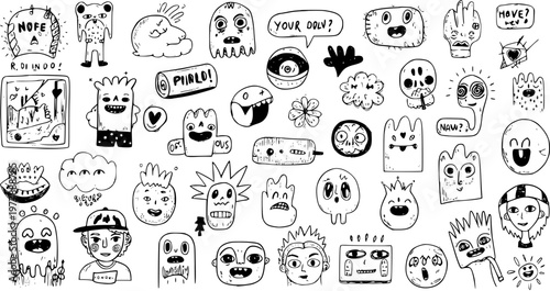 Doodle Monsters and Characters in Black and White Line Art Style, Vector Pack