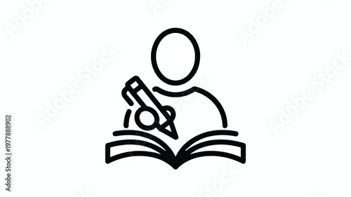 A minimalist black and white icon depicting a person writing in an open book with a pen
