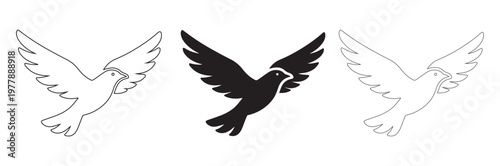 Collection of flying dove icon illustrations in various styles: outline, geometric, and solid silhouette designs on white. Vector.