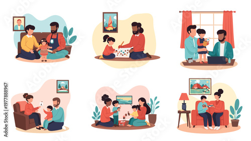 Collection of diverse families engaged in various indoor activities including playing, reading, and watching television.