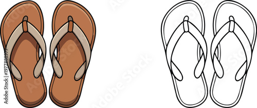 Flip flop illustration & outline set isolated on transparent background