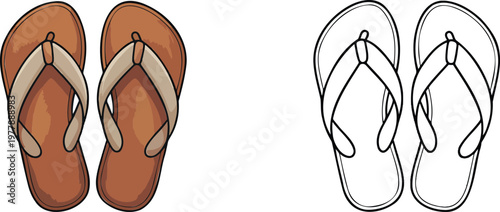 Flip flop illustration & outline set isolated on transparent background