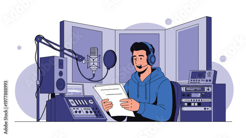 Male radio host or podcaster speaking into a professional microphone inside a high-tech broadcasting studio booth.
