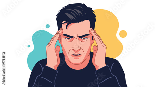 Man suffering from a severe headache or migraine, pressing his temples in pain against a vibrant abstract background.