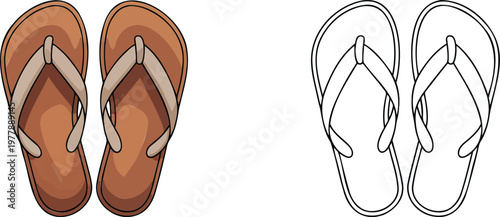 Flip flop illustration & outline set isolated on transparent background