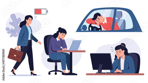 Multi-panel illustration of exhausted professionals experiencing low energy and fatigue in the office and commuting.