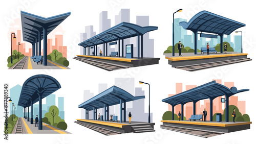 Collection of various modern train station platforms with waiting passengers and urban city skylines in the back.