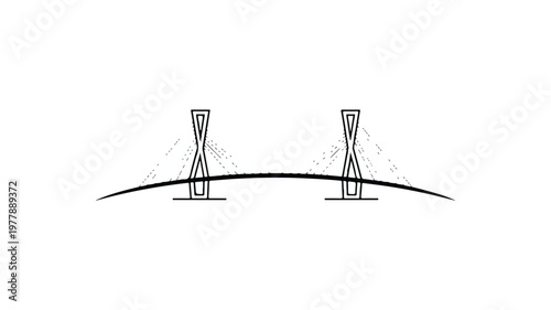 Elegant minimalist black and white line drawing depicting a modern suspension bridge, showcasing architectural design, engineering principles, and a sleek urban infrastructure concept