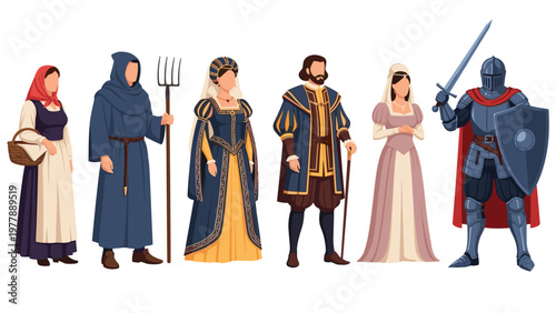 Diverse set of medieval characters including a knight, peasant, noble, and monk, showcasing historical fashion.