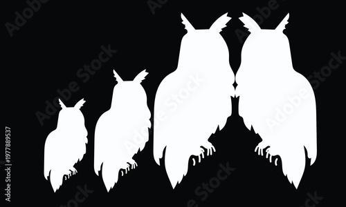 White silhouettes of sitting owls on black background, High-contrast nocturnal bird shapes for dramatic nature and night forest concepts.