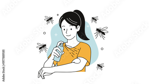 Young girl applying insect repellent spray to her arm to protect herself from mosquitoes in an outdoor setting.