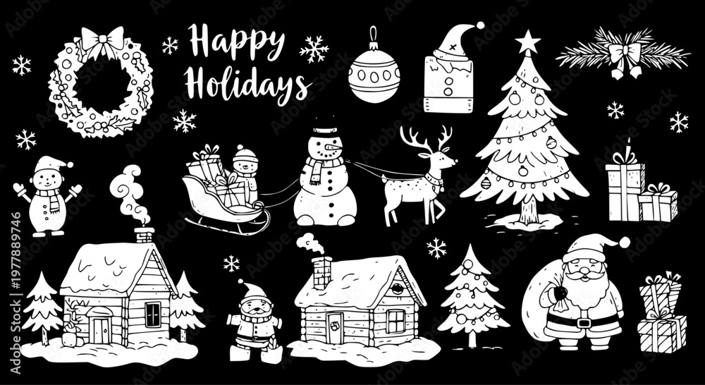Fototapeta premium Black and White Line Art Christmas Icons: Snowman, Santa, Trees, Gifts, Houses, Wreath