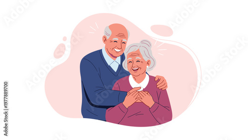Happy and loving senior couple embracing each other with joy against a soft and warm artistic abstract background.
