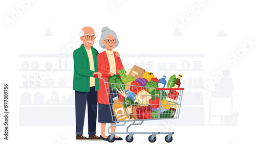 Elderly couple happily pushing a full grocery cart through a supermarket, representing a healthy and active life.