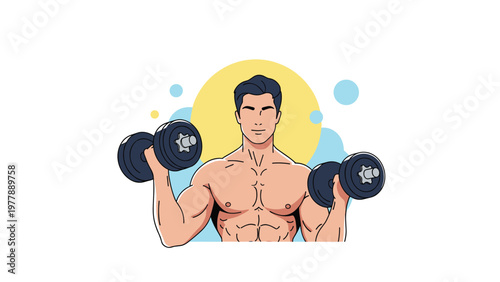 Muscular and fit man performing bicep curls with heavy dumbbells against a bright and colorful abstract background.