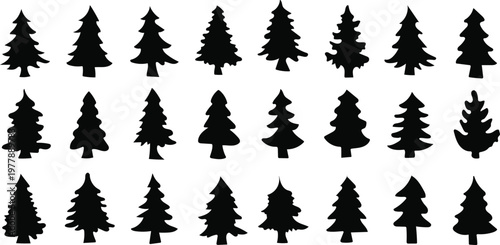 Large set of Black Pine Tree silhouettes isolated on white background, Vector illustration of various Christmas tree shapes and forest evergreens.