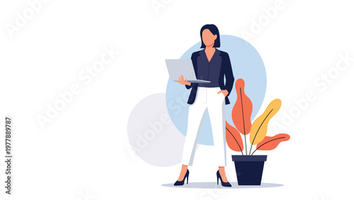 Confident and professional businesswoman standing with a laptop in a modern and minimalist business environment.