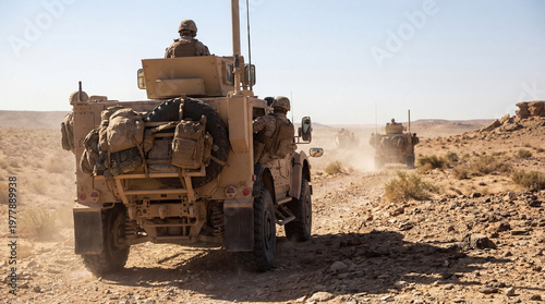 Foto Military convoy traversing a barren desert landscape, kicking up dust under a clear sky, a powerful photograph