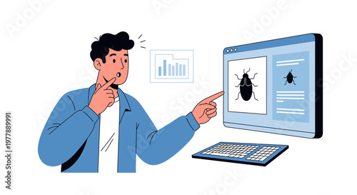 Vector illustration of a person identifying a software bug on a computer screen, symbolizing the crucial process of problem detection, debugging, and system analysis