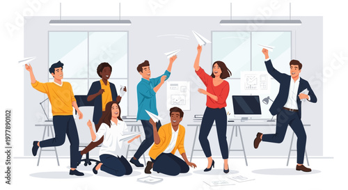 Team building and office fun diverse colleagues throw paper airplanes in a cheerful workplace, fostering collaboration. Modern Vector illustration