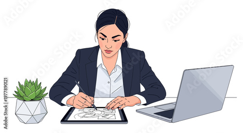 Vector illustration of a focused female professional drawing on a digital tablet with a stylus at her modern desk, engaged in creative design work