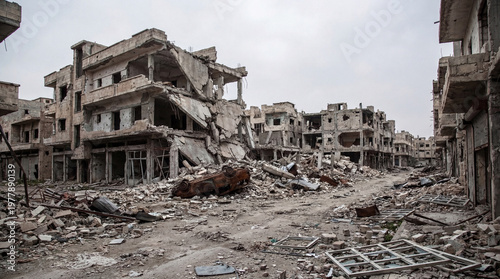 Quadro su tela Extensive urban destruction, with collapsed buildings, rubble, and a burnt-out vehicle