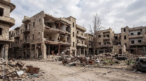 Photos Street lined with completely devastated buildings, rubble, and destroyed cars after a conflict, a somber photograph
