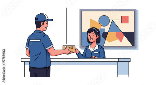 Vector illustration Delivery person hands package to smiling woman at reception, representing efficient parcel service and customer satisfaction