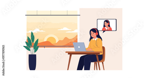 Vector illustration of a woman working remotely on a video call by a sunrise window, showcasing flexible digital communication and productivity