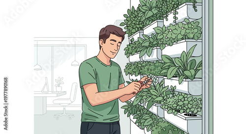 Vector illustration of a smiling man cultivating his indoor vertical garden, using pruning shears to care for the lush green plants in a modern home office environment