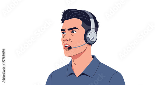 Vector illustration of a focused male customer service representative wearing a headset, actively providing professional communication and support