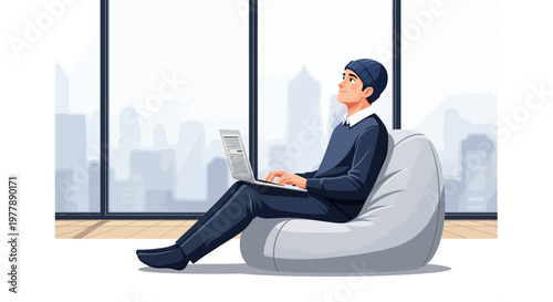 Young professional works on a laptop from a comfy bean bag chair, enjoying a city view, representing modern flexible remote work. Vector illustration