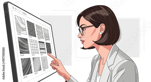 Professional woman curating digital design elements on a sleek interactive screen, an engaging vector illustration depicting modern graphic creation and selection