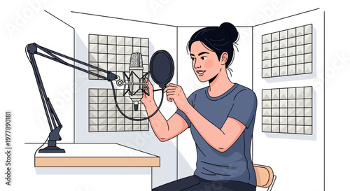 Vector illustration of a woman in a professional sound recording studio, producing audio content for a podcast or voiceover project