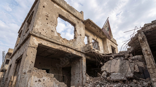 Photos War-torn building with extensive damage, bullet holes, and rubble, depicting the devastating aftermath of conflict