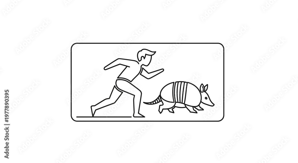 Fototapeta premium Man Chasing Armadillo - Line Art Illustration