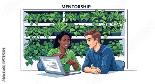 Vector illustration Diverse professional mentor guiding a colleague in a business coaching session. Modern green office promotes career development