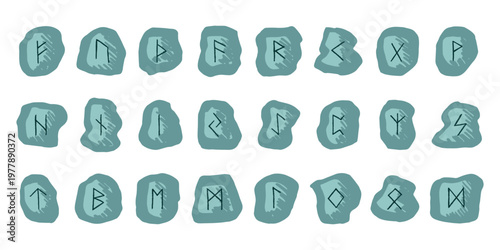 Set of hand drawn viking runes Rune stones with ancient norse alphabet characters engraved on them Scandinavian futhark germanic celtic Single element for design, print, web, decor
