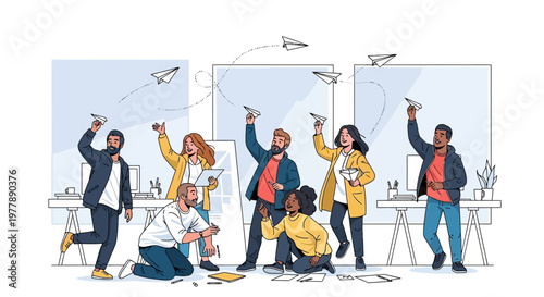 Diverse team collaborating creatively with paper airplanes in a vibrant modern office setting, showcasing teamwork and innovation. Vector illustration for business concepts